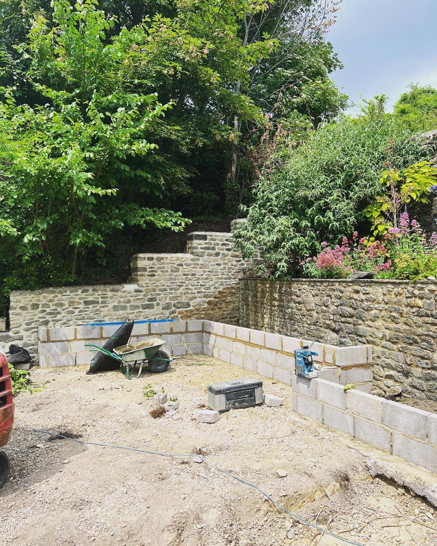 Early progress in Swainswick this week. Raised beds going up in preparation for cladding and planting. Water feature and gnarled Olive trees TBC&hellip; Views over the valley will make for a great setting once this one is finished.