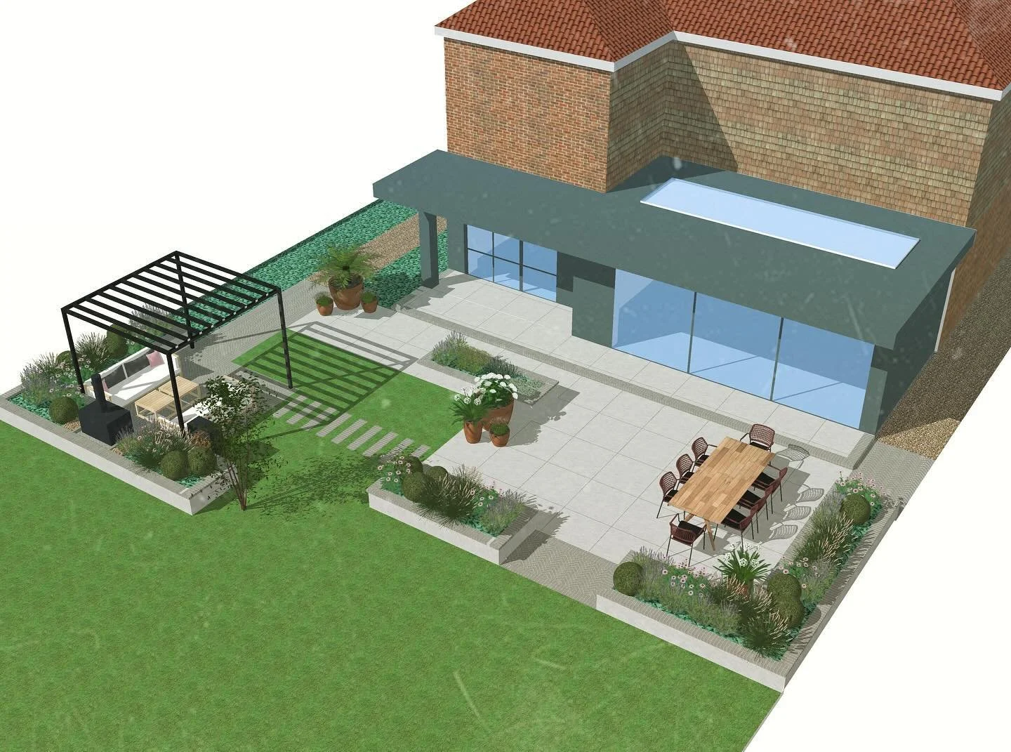 New extension, new garden. Design signed off on this great little project in south London. A couple keen to create a large flexible space for hosting while enclosing the space from the rest of their garden, currently dominated by football posts and c
