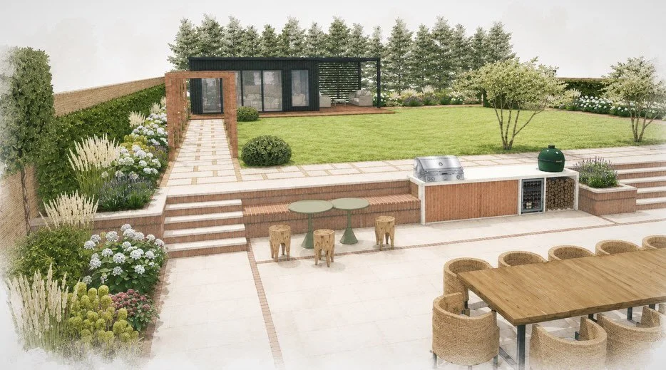A new family garden design in Beckenham taking shape. 

Designed with a bespoke Shou Sugi Ban garden studio, generous entertaining spaces, enhanced planting, and high quality materials. 

The existing arched gateways either side of the house will mak
