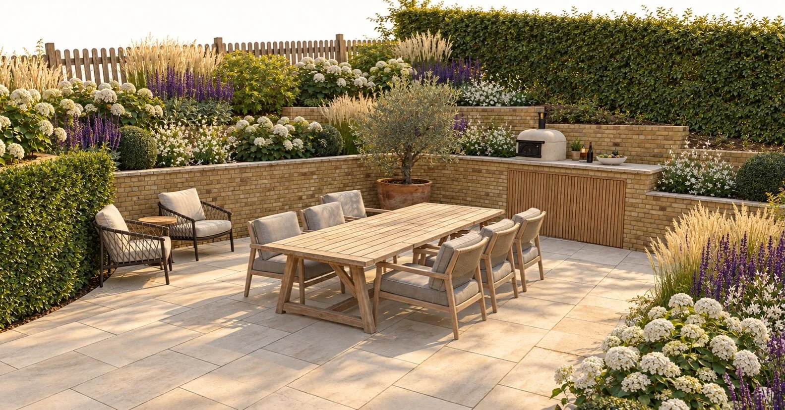 A recently completed garden design, creating a new space for family life within a tight plot with steep level changes.

The design carefully ties into the existing boundary levels and retaining walls on site, making the most of the available space.

