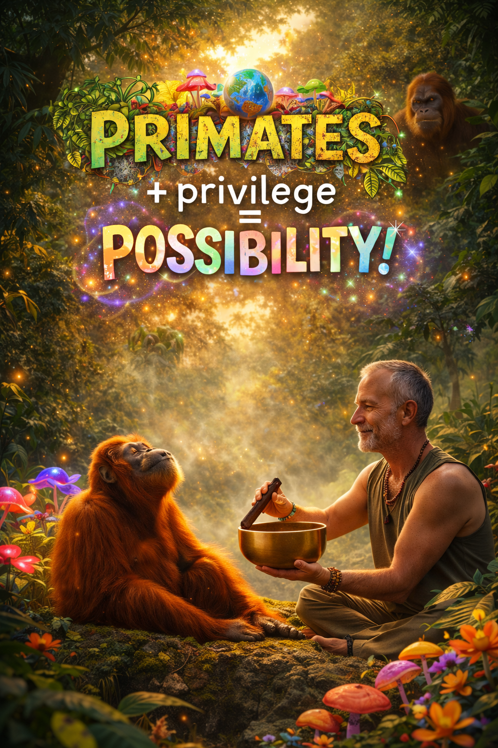 A person playing singing bowl to a relaxed orangutan in a vibrant, colorful jungle setting with glowing plants and a gorilla peeking from the background. The text reads: 'Primates + privilege = Possibility!'
