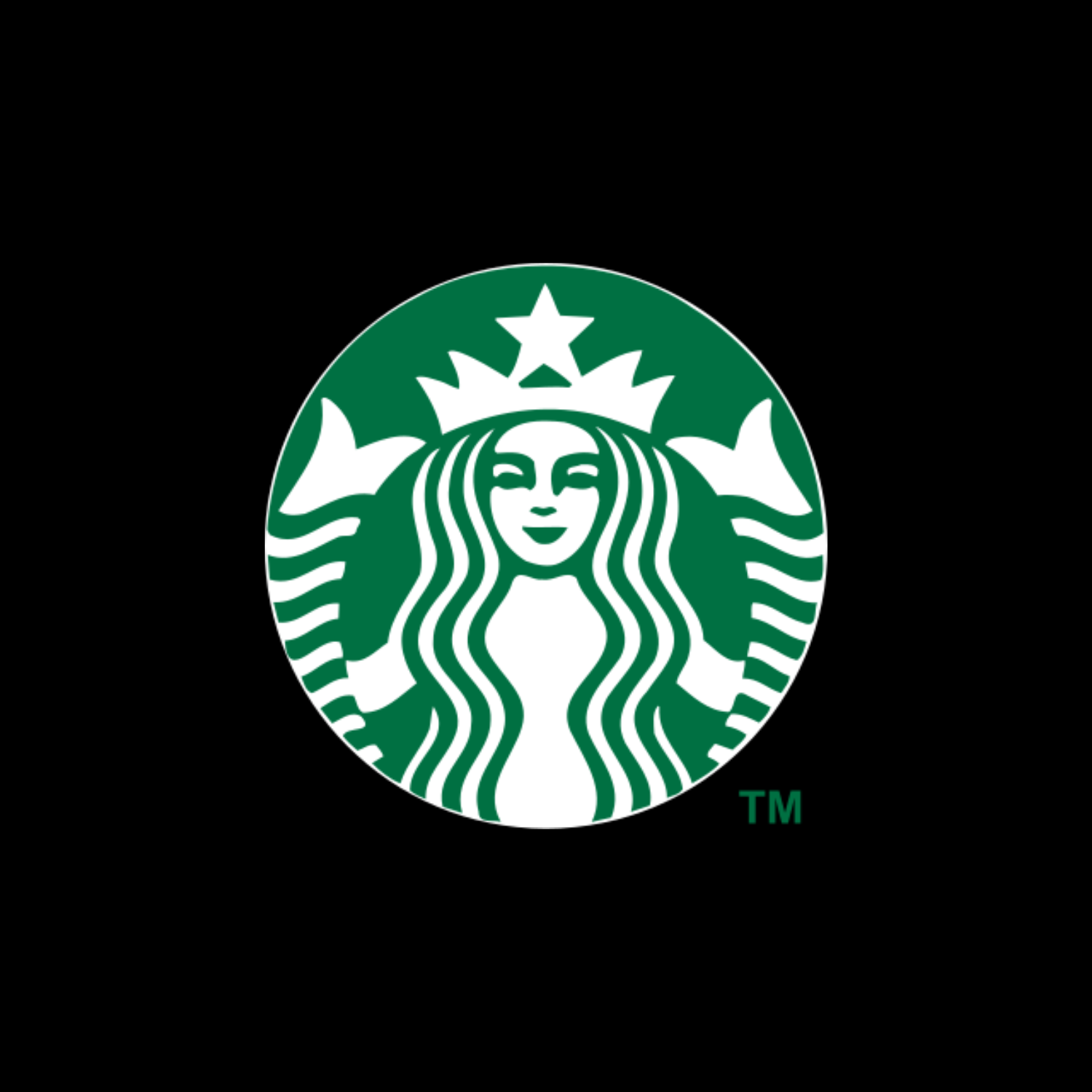 Starbucks logo featuring a green and white siren with a crown and flowing hair on a black background.