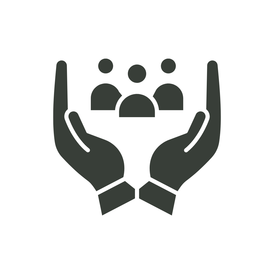 Silhouette of two hands holding a group of three people icons above them.