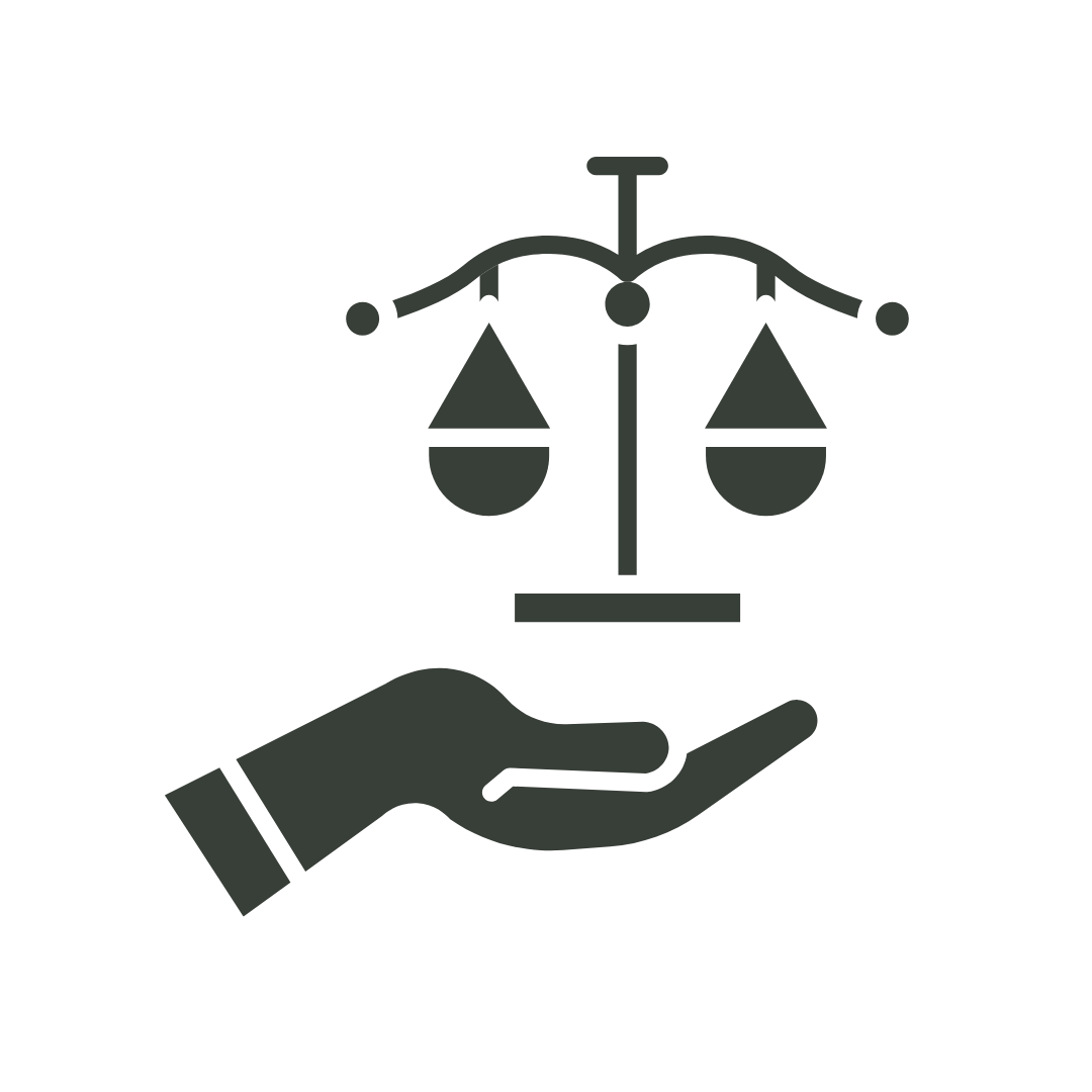 An illustration of a hand holding the scales of justice, symbolizing law and fairness.