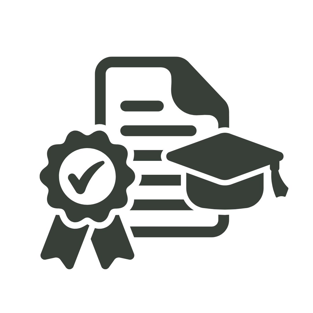 Icon representing education recognition, including a graduation cap, a diploma with a checkmark, and a book or document.