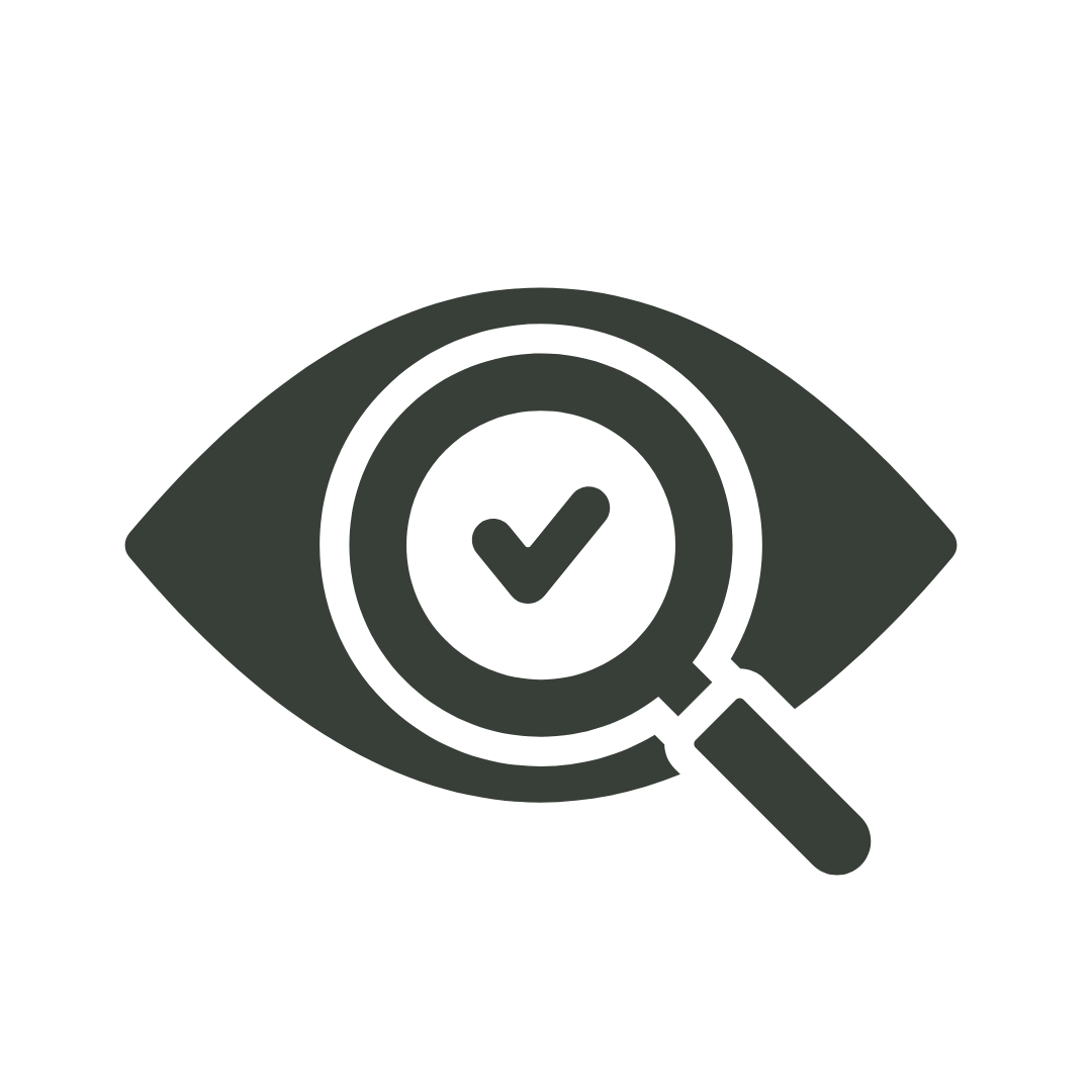 An eye symbol with a magnifying glass and a checkmark inside the pupil.