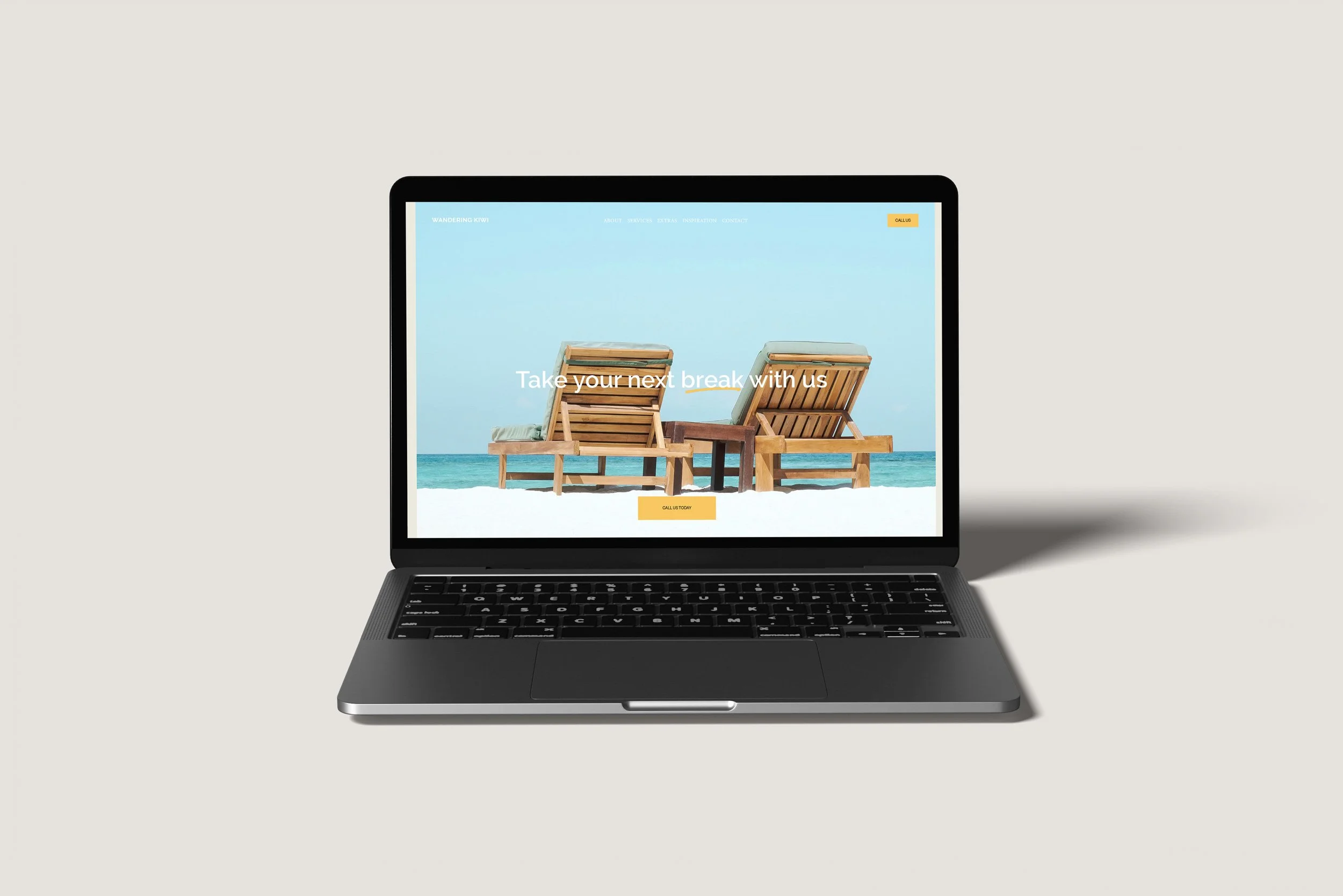 Travel agent website displaying a website with a picture of two wooden beach chairs facing the ocean, under a clear blue sky, with the text 'Take your next break with us'.