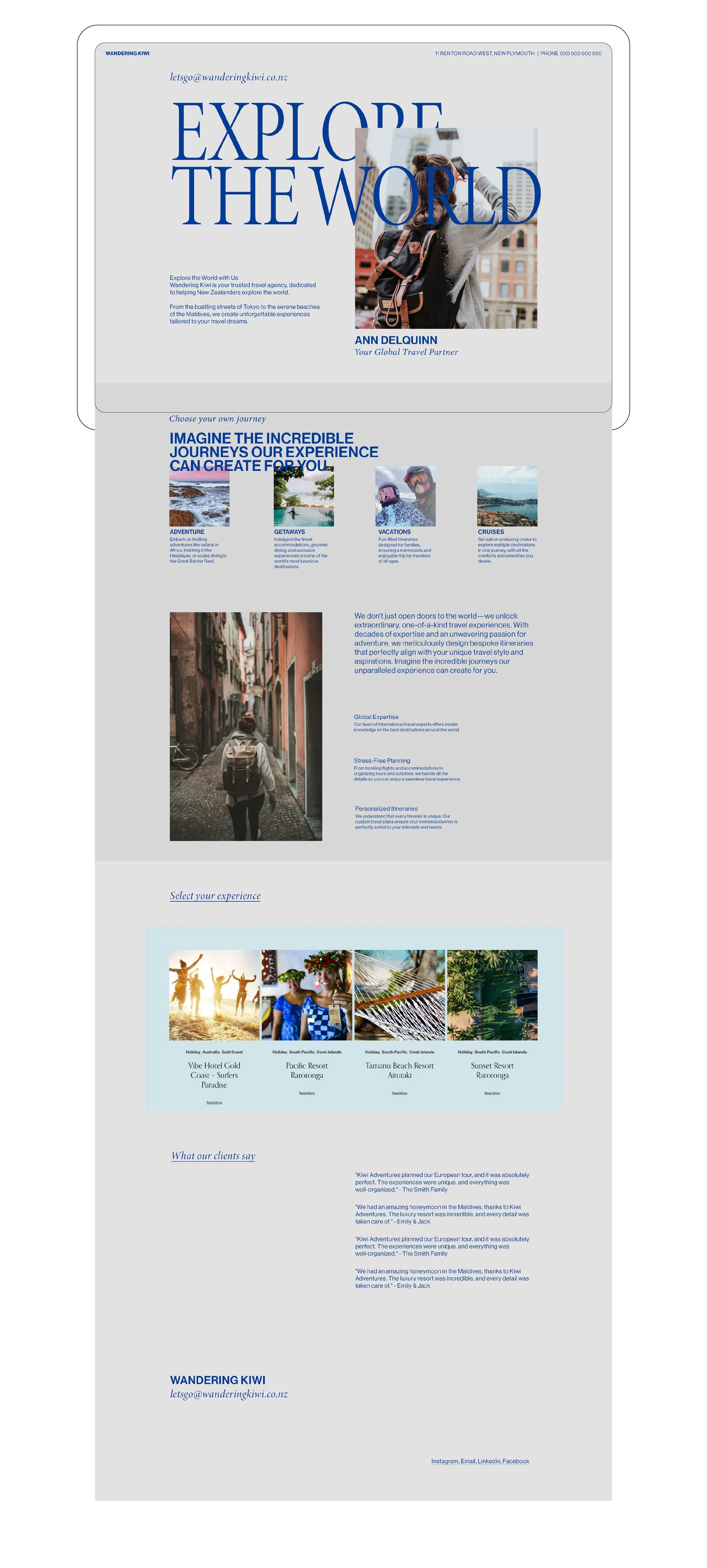 Travel agency webpage for Wandering Kiwi promoting bespoke travel experiences, featuring a scenic photo, testimonials, and contact information.