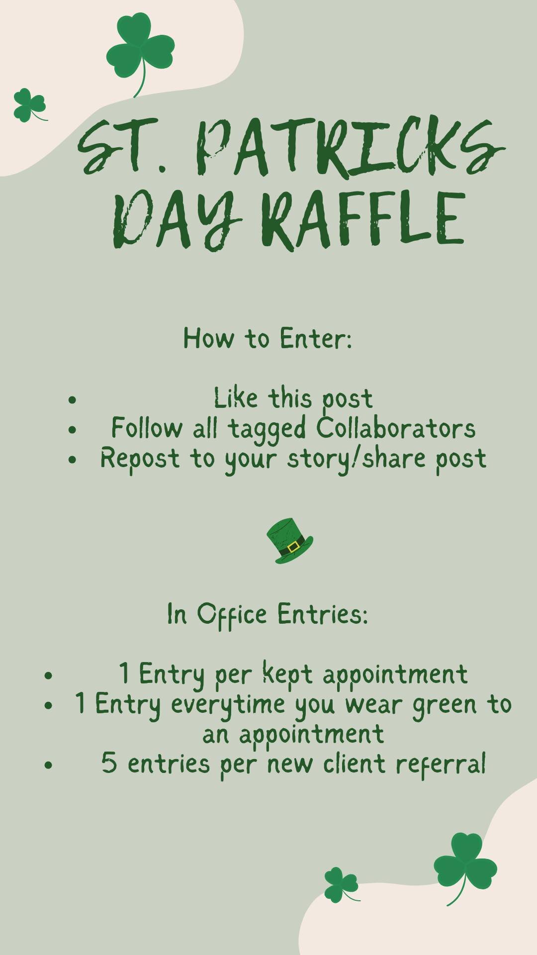 ☘️ Feeling lucky? 🍀 Enter our St. Patrick's Day raffle for a chance to win the ultimate prize pack! 🎉🌈 Simply follow the instructions in the photo to enter. 📸✨ Don't miss out on your chance to win a potted garden from Wild Blossom Design, 2 ticke
