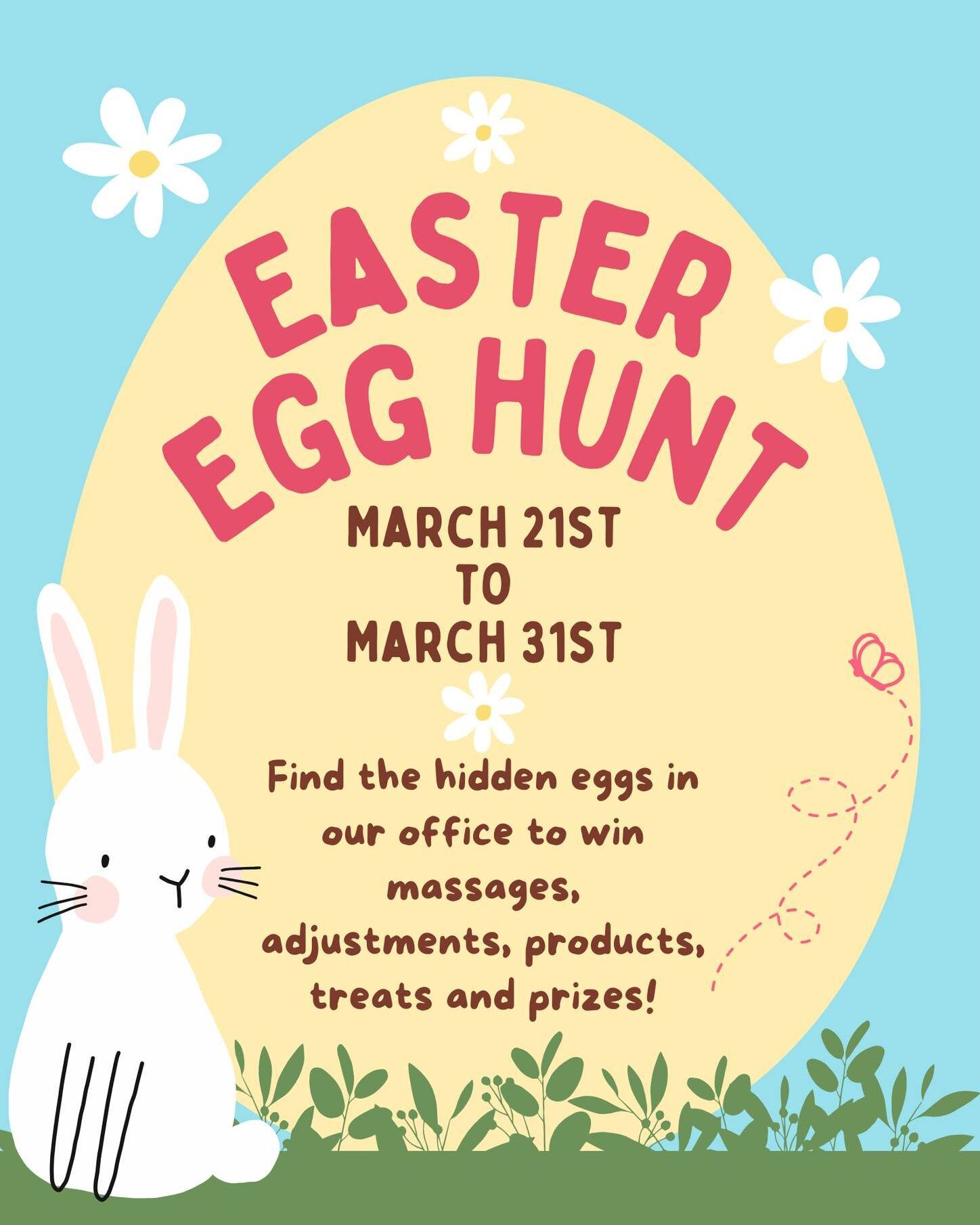 🐰🌷 Hop into our office Easter Egg Hunt! 🥚✨ From March 21st to March 31st, join the fun as you search high and low for hidden treasures! 🎁 Prizes await, including massages, facials, chiropractic adjustments, products, goodies, and gift cards! 🎉 P