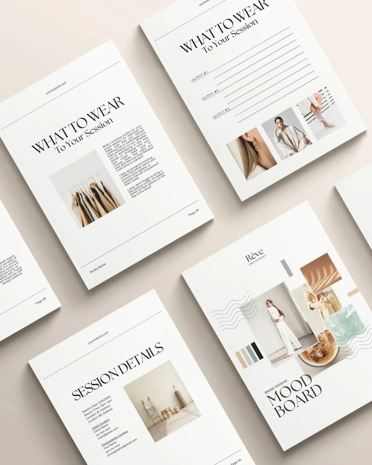 Design brochures for fashion and branding, featuring minimalist white backgrounds, black text, product images, mood boards, and session details.