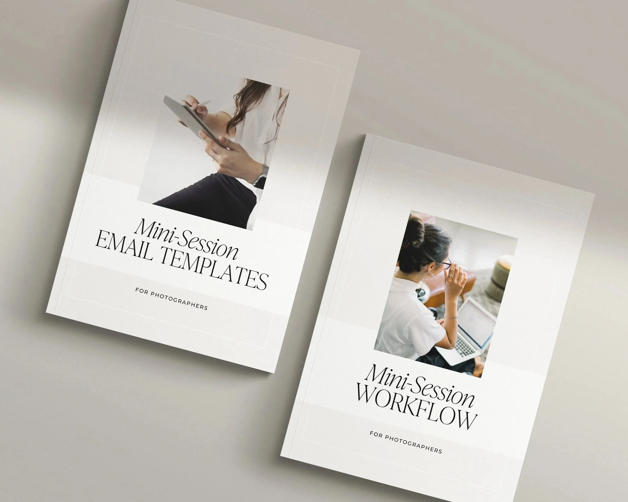 Two printed flyers or brochures on a light gray surface, both titled "Mini-Session Workflow Email Templates" for photographers, with photographed women depicted on the covers.