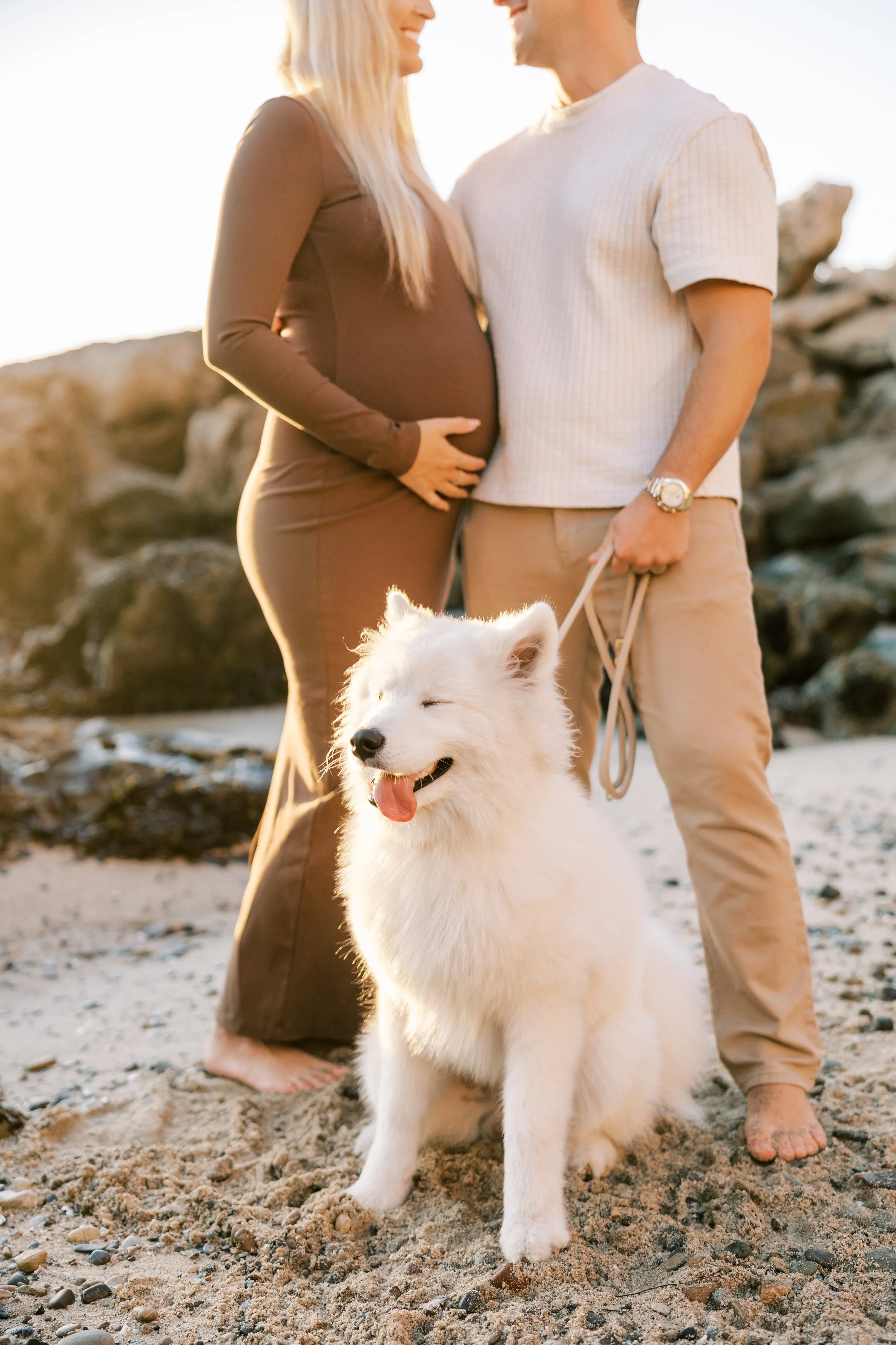 Couple takes maternity photos with their white dog in Newport Beach at Little Corona del Mar Beach