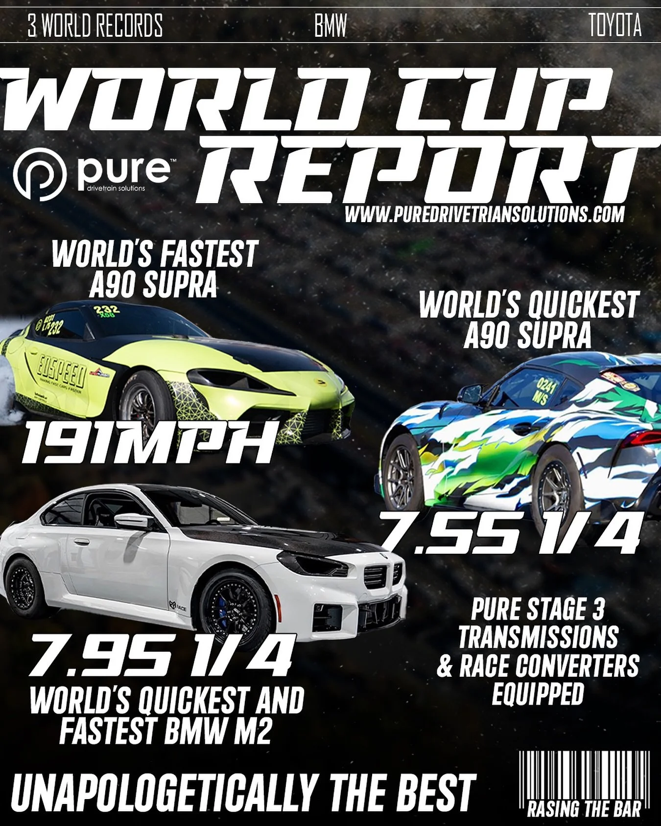 Big congratulations to our customers this weekend who not only set one world record. They set three!!! @evolutionofspeed with his 7.58 at 191mph pass 
@mkv_zupr4 with his 7.55 @ 189mph pass
@klmrace with his 7.95 @ 175mph pass
Fastest A90 Supra, Quic