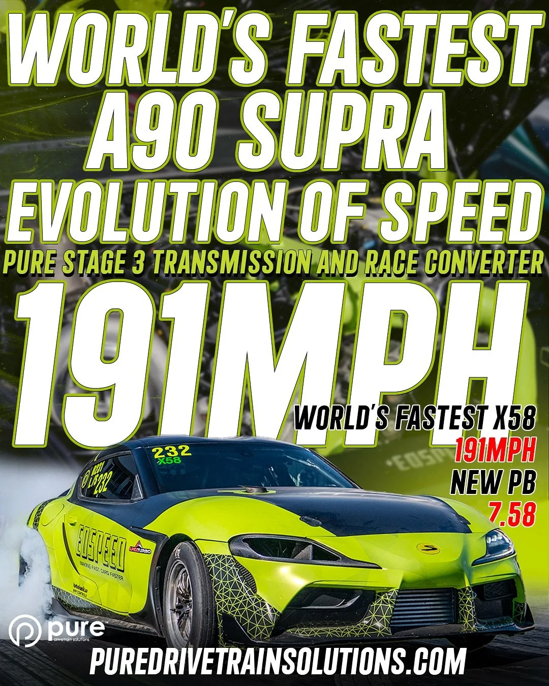 THE FASTEST A90 just got Faster! @evolutionofspeed goes 7.58 @ 191mph
Stage 3 Transmission and Billet Stator Converter on board! 
🌐VISIT OUR WEBSITE🌐
www.PureDriveTrainSolutions.com

#puredrivetrainsolutions #PDS #madeintheusa🇺🇸 #transmission #su