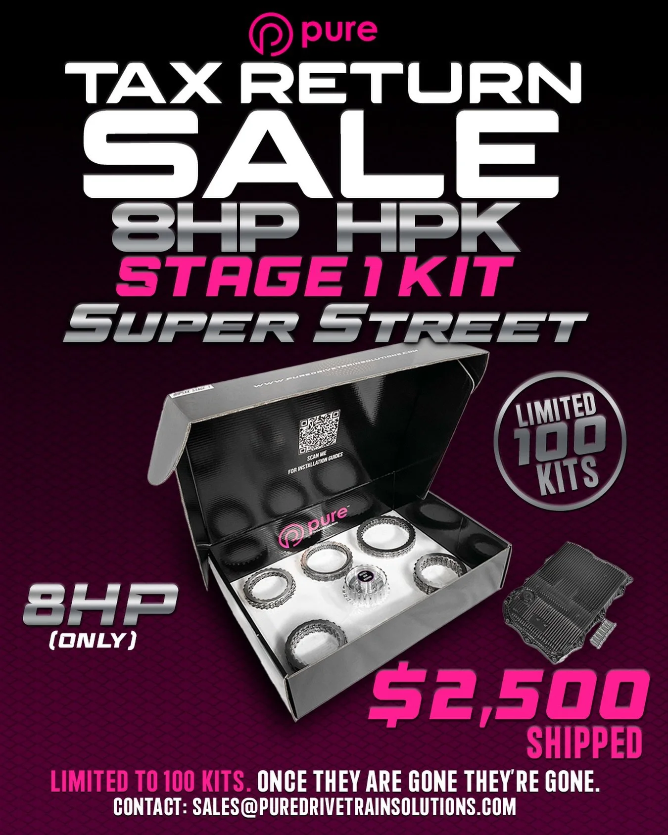ATTENTION: Just Over 70 Kits have sold already for the Pure Drivetrain Solutions Tax Return Sale! Remember this deal is over once we hit 100 Kits! Don&rsquo;t miss out on this and make sure to contact us! 
Instagram DM 📲 @puredrivetrainsolutions
Web