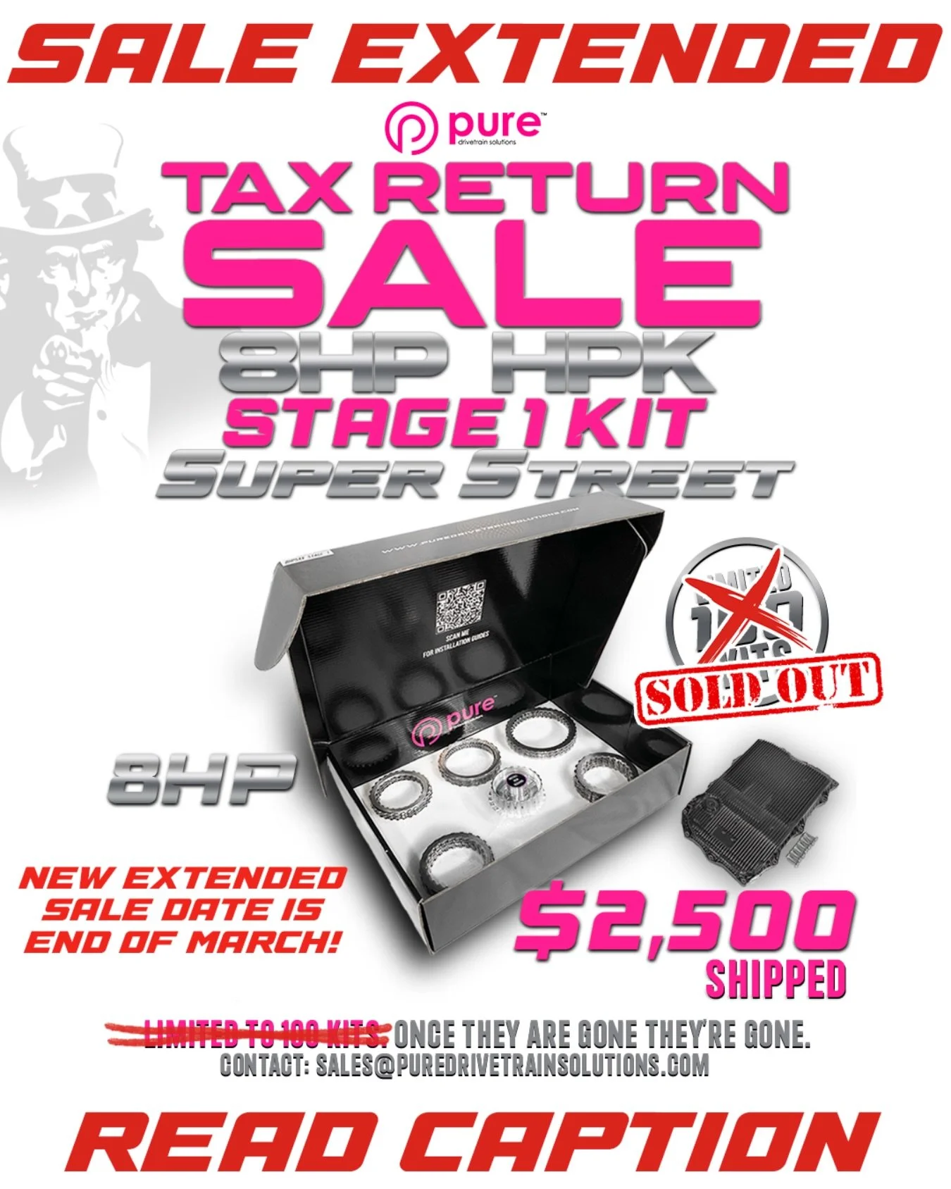 Thank you for the over the top support of our HPK Sale! 
All 100 kits are claimed and we are excited to extend the sale to March 31st! 

When the month ends- the sale ends, so take advantage now!
Instagram DM 📲 @puredrivetrainsolutions
Website 💻 ww