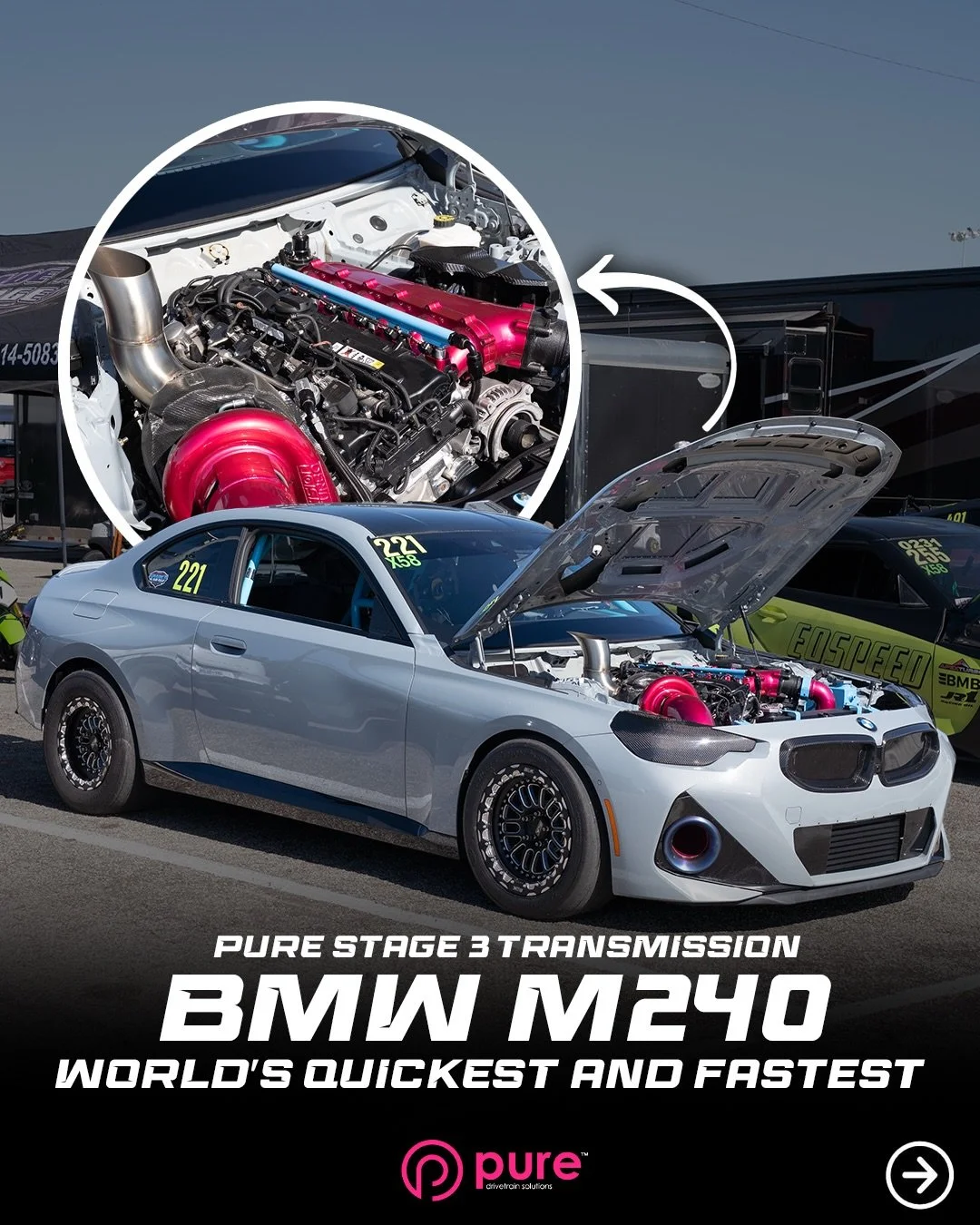 World&rsquo;s Quickest M240 on the planet 🌎 
@grade_a_garage_ supports our Stage 3 transmission, Race Converter, and Upgraded Transfer case. 
Instagram DM 📲 @puredrivetrainsolutions
Website 💻 www.puredrivetrainsolutions.com
Email 📩 Sales@puredriv