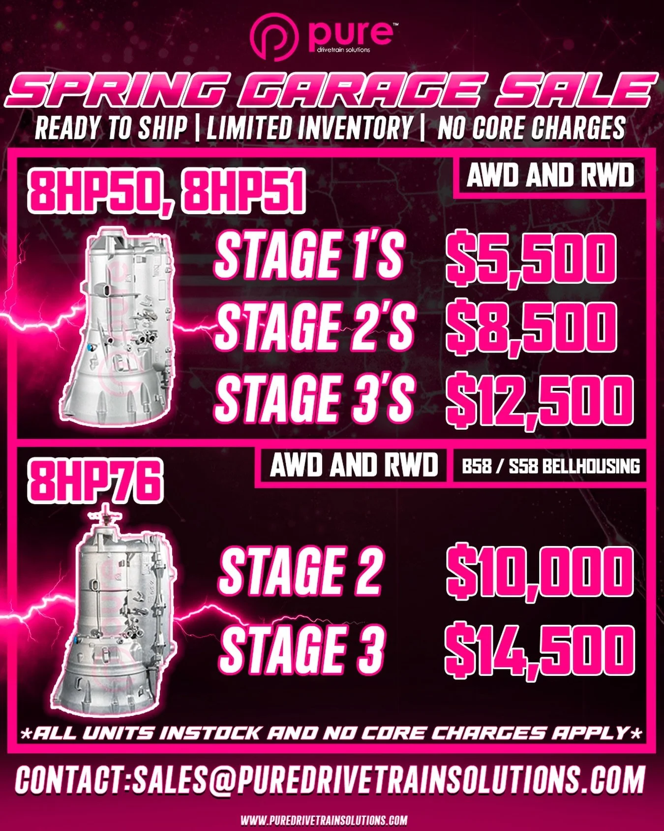 SPRING GARAGE SALE IS LIVE 🔥

8HP50 / 8HP51 &amp; 8HP76 units READY TO SHIP &mdash; no waiting, no core charges.

💥 Stage 1, 2, &amp; 3 options available
💥 AWD &amp; RWD setups

Inventory is LIMITED &mdash; once they&rsquo;re gone, they&rsquo;re g