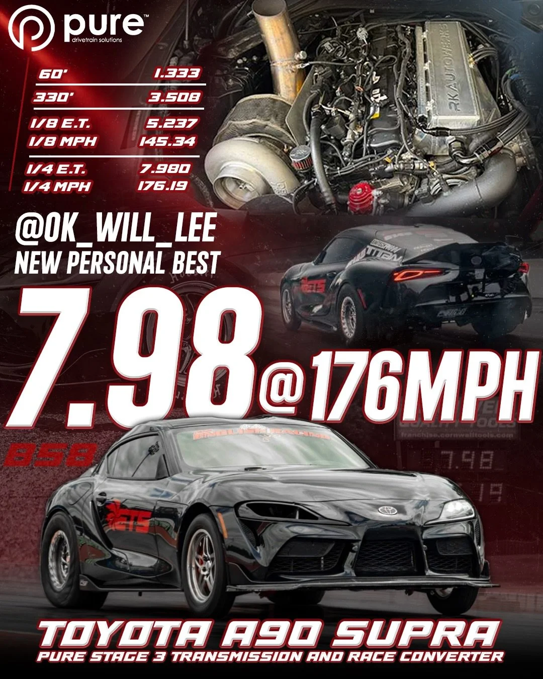 NEW PB and his first 7 @ok_will_lee with our Stage 3 Transmission and once the car gets a good torque converter the 60&rsquo; will come down and the ET will drop!! 
🌐VISIT OUR WEBSITE
www.PureDriveTrainSolutions.com

#puredrivetrainsolutions #PDS #m