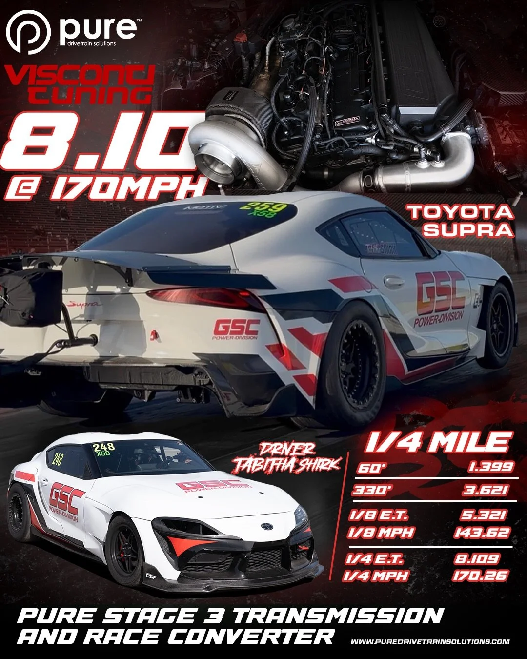 The GSC A90 Supra driven by @tabithashirk_ 

Instagram DM 📲 @puredrivetrainsolutions
Website 💻 www.puredrivetrainsolutions.com
Email 📩 Sales@puredrivetrainsolutions.com

#puredrivetrainsolutions #madeintheusa🇺🇸 #transmission