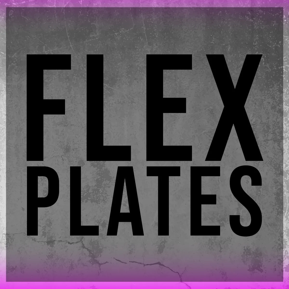 Sign with the text 'FLEX PLATES' in large black letters on a gray, weathered background with a pink and purple gradient border.
