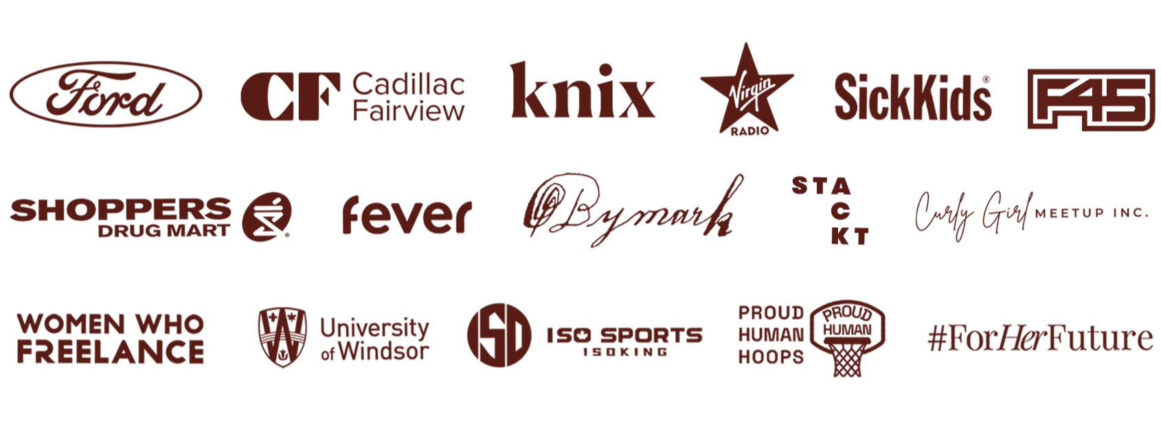 A black background with multiple maroon logos and text, including Ford, Cadillac Fairview, Knix, Virgin Radio, SickKids, F45, Shoppers Drug Mart, Fever, O Donah Mark, Stockt, Curly Girl Meetup Inc., Women Who Freelance, University of Windsor, ISO Sports, Proud Human Hoops, and '#ForHerFuture'.