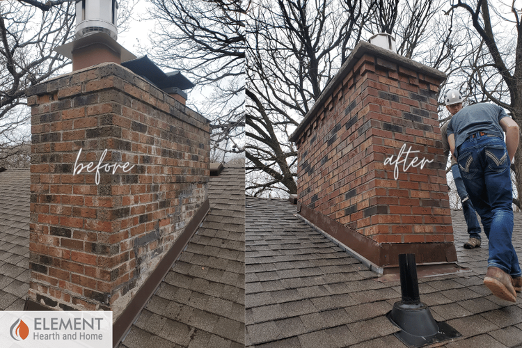 Before and after: a brick chimney rebuilt from the roofline up