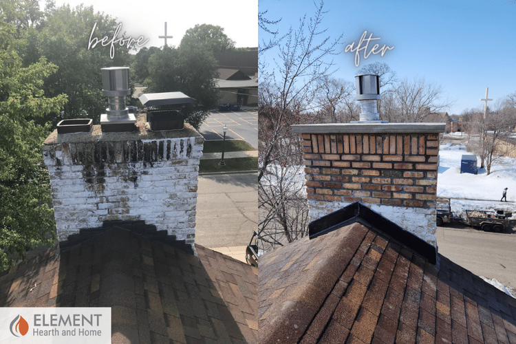 A painted brick chimney coming apart above the roof, and the same chimney rebuilt in new brick with a new crown