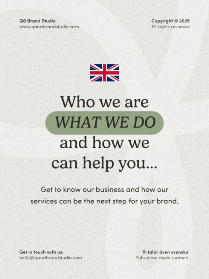 Q&amp; Brand Studio is a remote brand &amp; packaging design studio based in Turku, Finland. We offer services in English, Swedish and Finnish. 🇫🇮 🇸🇪 🇬🇧

We work with product brands and aspiring businesses to shape bold, memorable brand experie
