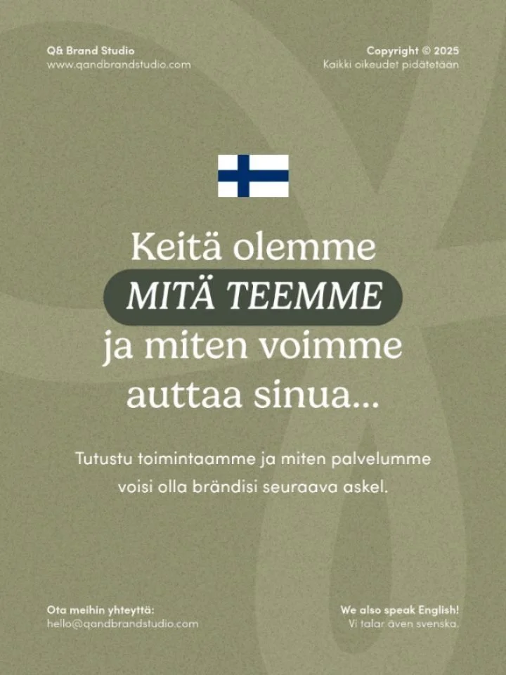 Q&amp; Brand Studio on br&auml;ndi- ja pakkaussuunnitteluun erikoistunut designtoimisto Turussa. Palvelemme koko Suomen alueella, sijainnistasi riippumatta. 🇫🇮 🇸🇪 🇬🇧

Autamme tuote- ja yritysbr&auml;ndej&auml; luomaan ikimuistoisia ja pysyvi&au
