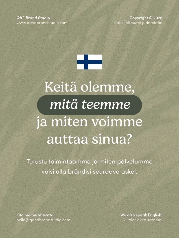 Q&amp; Brand Studio on br&auml;ndi- ja asiakaskokemussuunnitteluun erikoistunut designtoimisto Turussa. Autamme tavoitteellisia yrityksi&auml; muuttamaan visionsa ikimuistoisiksi, pysyviksi br&auml;ndikokemuksiksi.

Palvelemme koko Suomen alueella, s