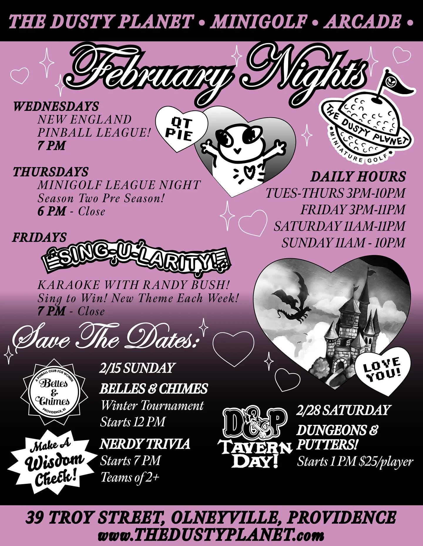 It&rsquo;s winter outside but it&rsquo;s cozy on The Dusty Planet! QT phones home - it&rsquo;s time to play! Friends, family, and interplanetary lovers unite this February for minigolf and more!⛳️✨💕

Wednesdays - Join @newenglandpinball and @cardaci