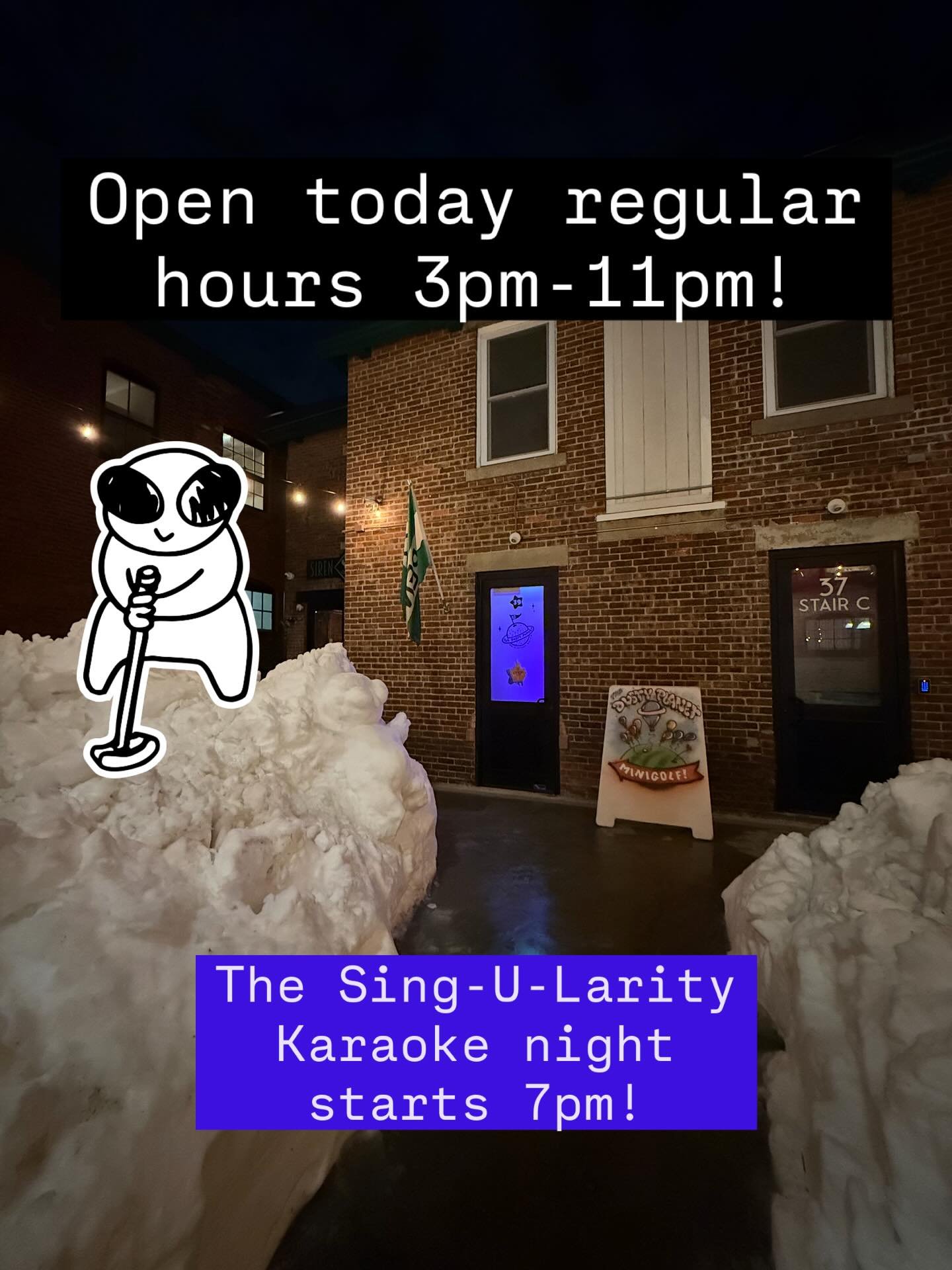 Open 3pm-11pm! the Sing-U-Larity karaoke night with @cakemanr is on! Starting 7pm, singing by 8! There is still a parking ban, plan ahead and be safe. Everyone pays kid price minigolf rounds today and the first replay is on us! 

#providence #smallbu