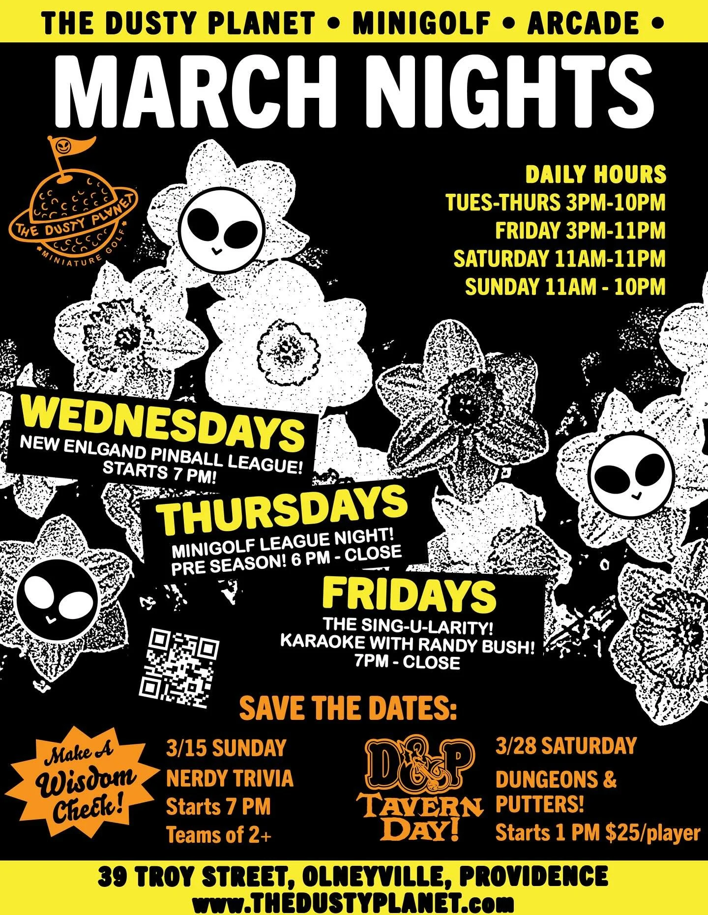 We busting through the clouds and summoning all mini golfers to join in the fun this March! All your favorite nights return for more games, laughs and drinks! 

Wednesdays are still going strong with @newenglandpinball and @cardacichrispinball for th