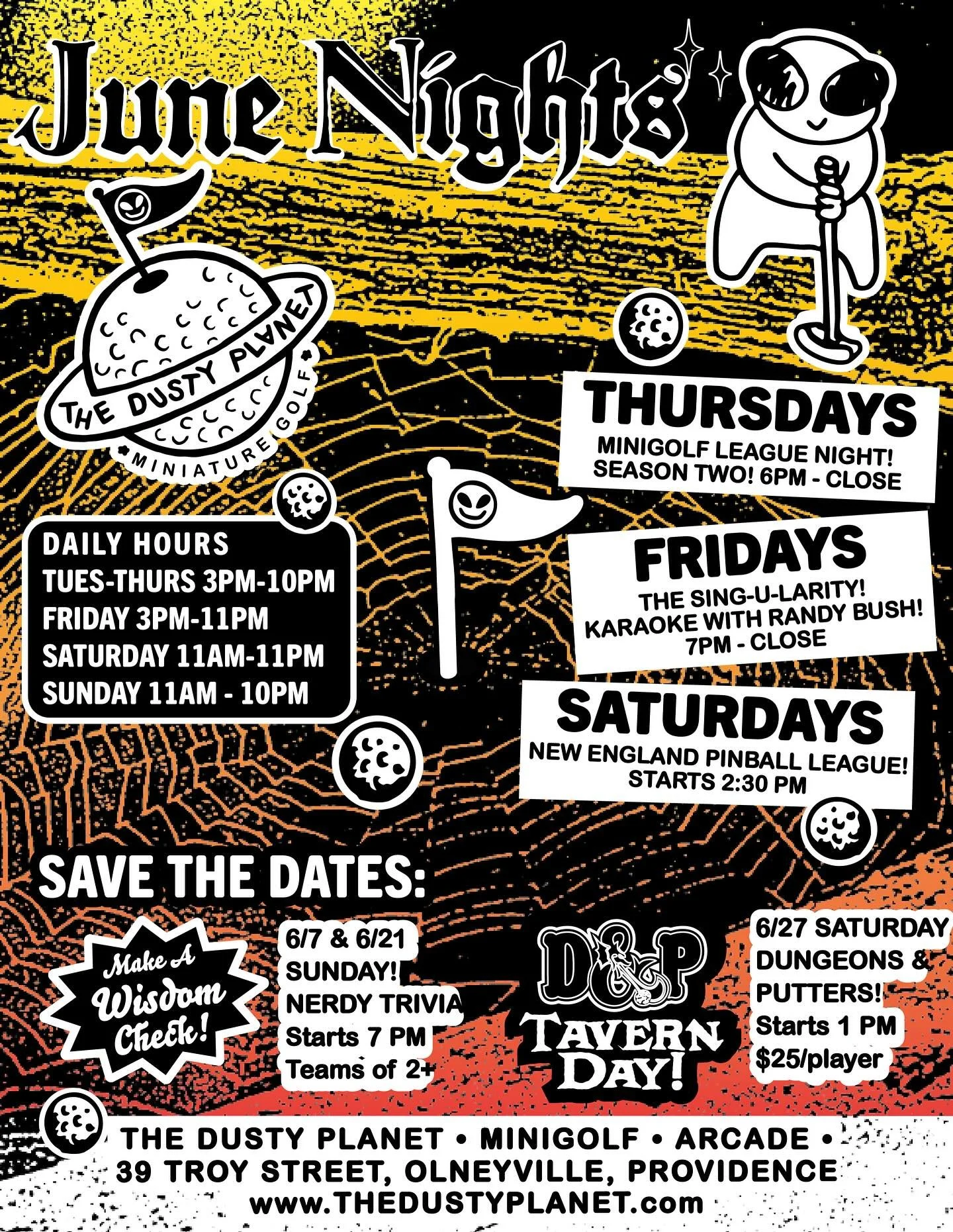 Happy Pride and happy June! Summer nights are heating up at The Dusty Planet!

Open 6 days a week! 
Tues-Thurs 3pm-10pm
Fridays 3pm-11pm
Saturday 11am-11pm
Sunday 11am-10pm

Thursday is Minigolf League Night! Pay one time sign up fee and then pay kid