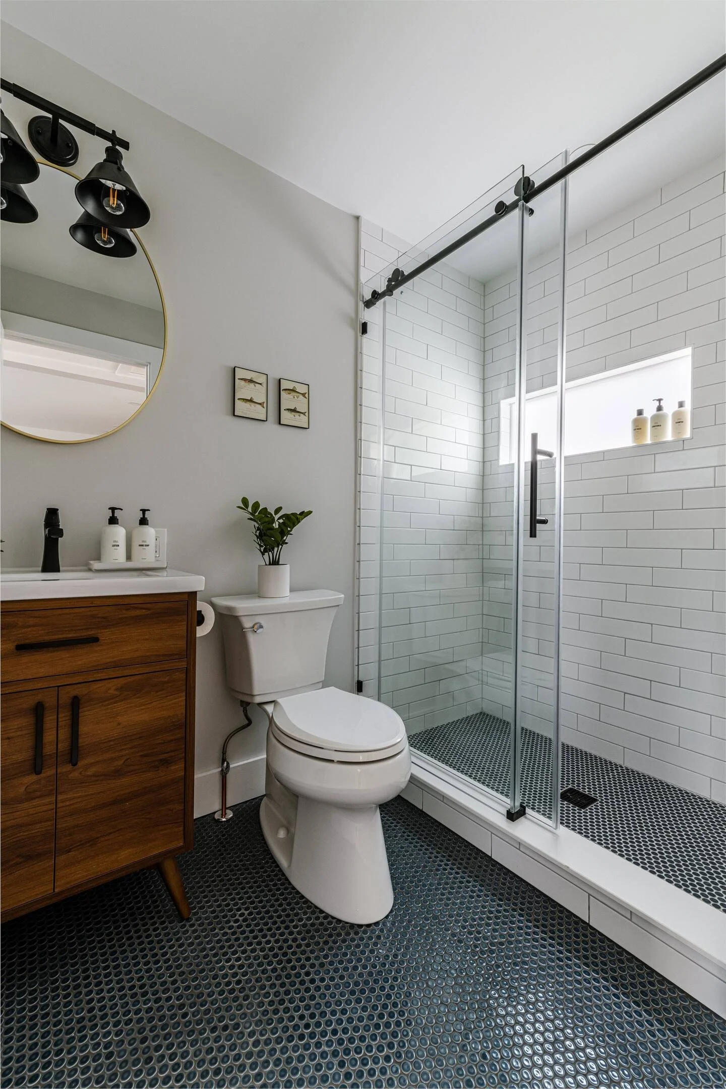 A modern bathroom with a walk-in shower with white subway tiles, a black round mosaic tile floor, a white toilet with a green potted plant on top, a wooden vanity with two bottles of soap, a round mirror, and framed fish pictures on the wall.
