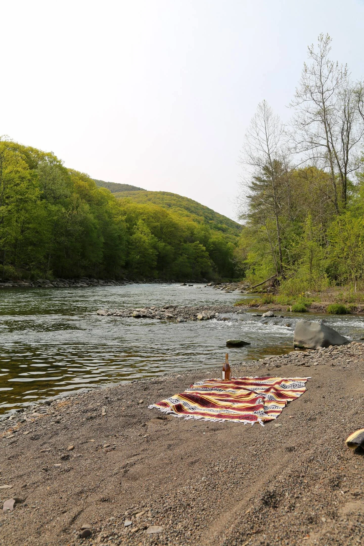 A riverside scene with a colorful blanket on the sandy shore, a bottle placed on the blanket, and a mountain covered with green trees in the background.