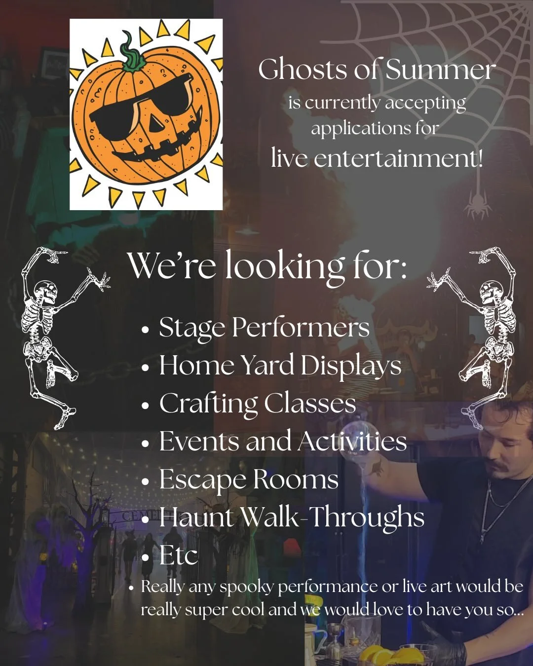 If you are interested in doing a live performance or showing off your home haunt or another fun spooky thing, apply at the link on our website!! 
#summerween #ghostsofsummer #portlandor #liveperformers #applicationsopen