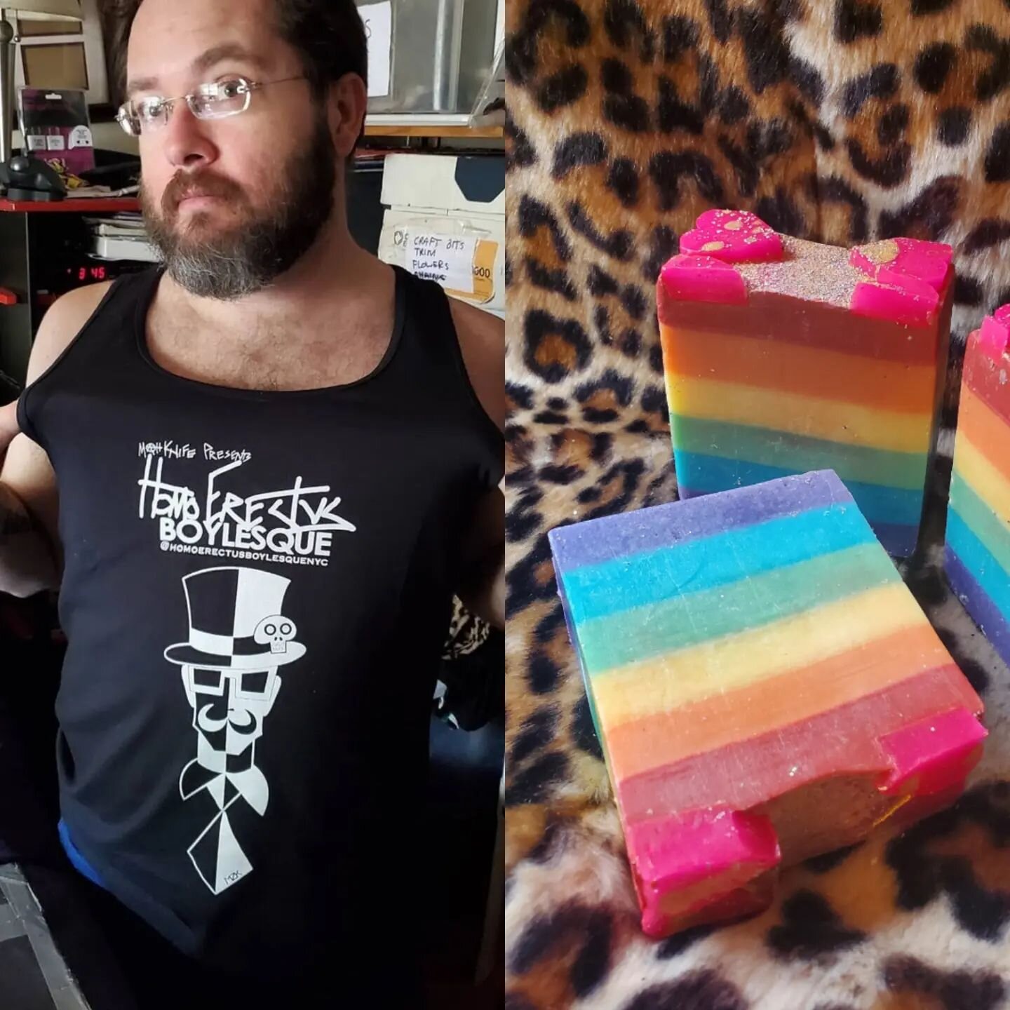 You will have a chance to buy limited addition @homoerectusboylesquenyc tank tops and handmade @baronvonsoap at the show TOMORROW.  LINK IN THE BIO. 
#homoerectusboylesquenyc #boylesque #baronofboylesque #baronvonsoap #boylesque #burlesque #burlesque