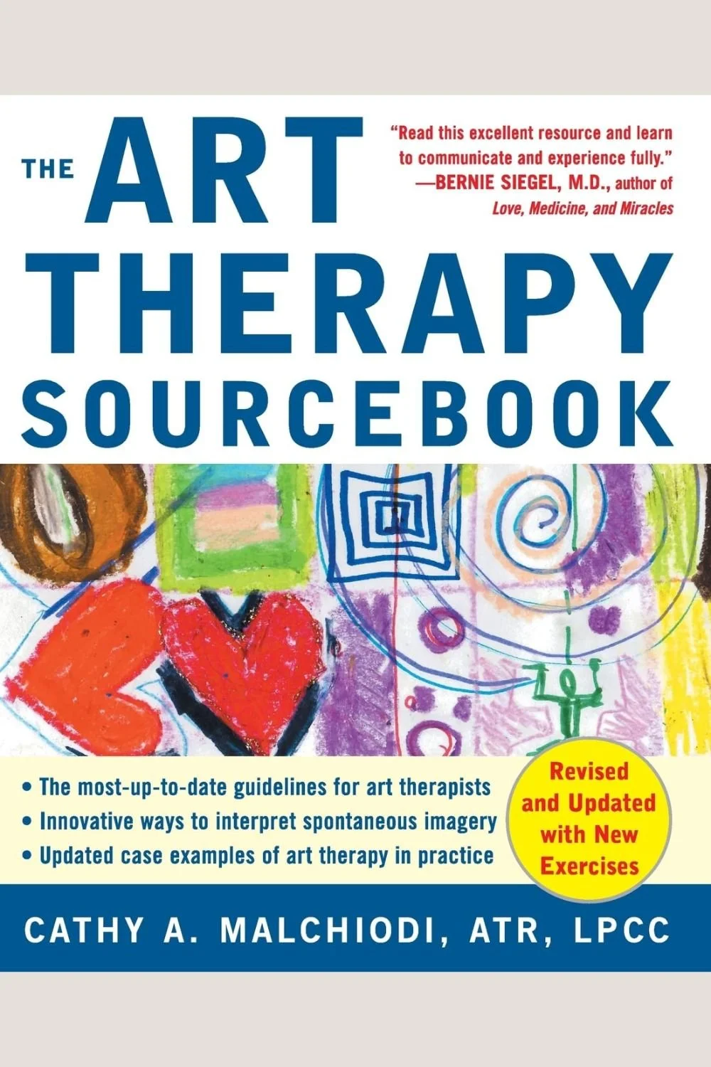 Book cover of 'The Art Therapy Sourcebook' by Cathy A. Malchiodi, featuring colorful abstract art with hearts, spirals, and geometric shapes.