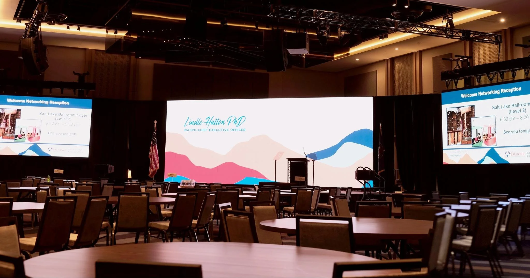 I got a last minute call to head to Salt Lake City a couple weeks ago to config these three LED walls, as well as produce content for the center screen. I love how we were able to get a consistent design across all three surfaces. Very excited to con