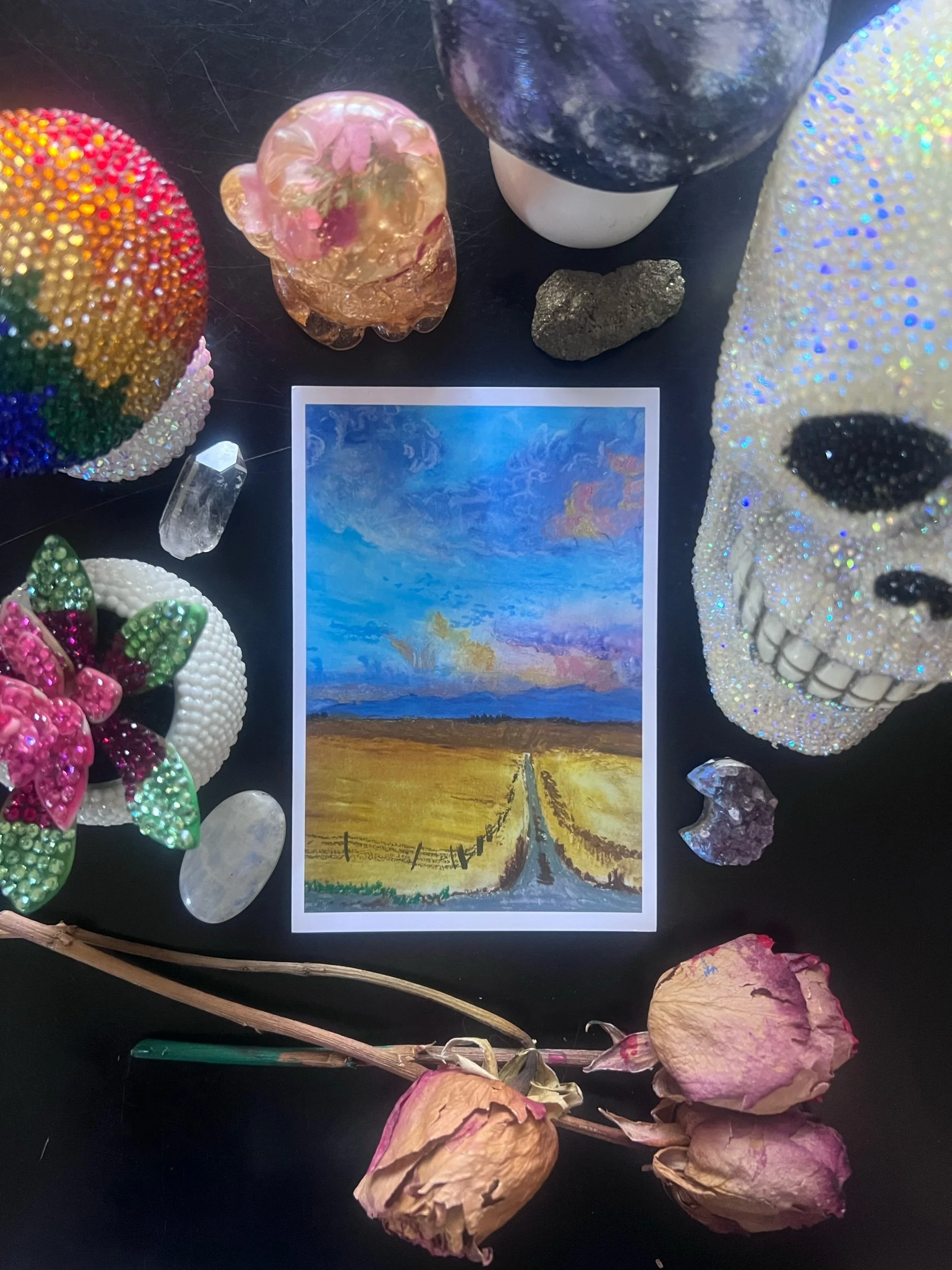 a dead end 4x6in postcard-pictured with a bedazzeled skull, mushroom and fake plants. surrounded also with drieed roses and some crystals
