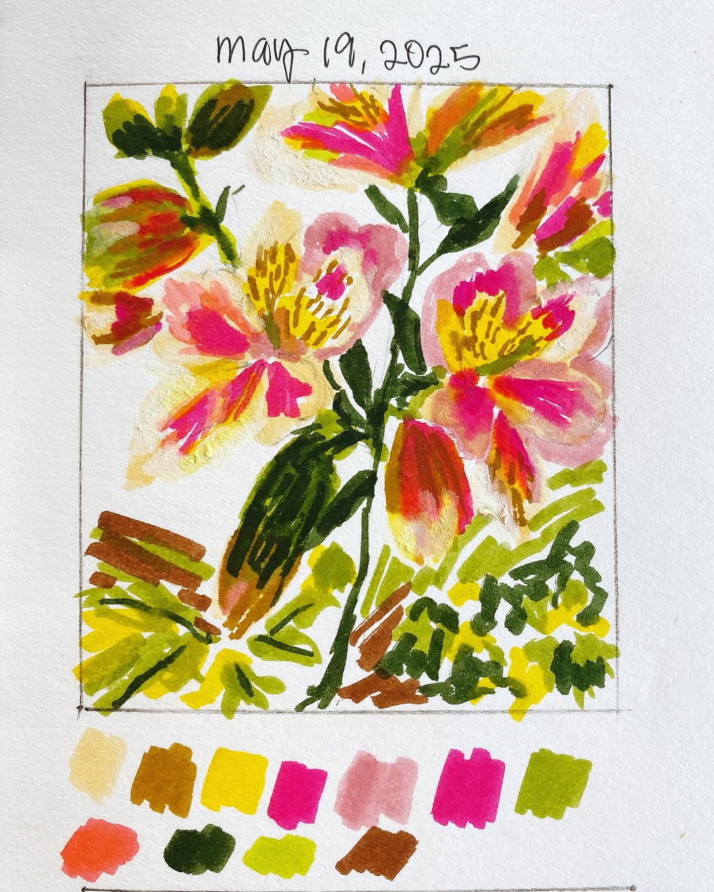 I&rsquo;ve been playing with a new medium recently: @tombowusa dual brush pens! 🌷🖋️🌺I love them!  I did this floral sketch yesterday based on the second photo.  Does anyone know the name of this flower?!
.
.
.
.
#floralart #floraldrawing #looseflo