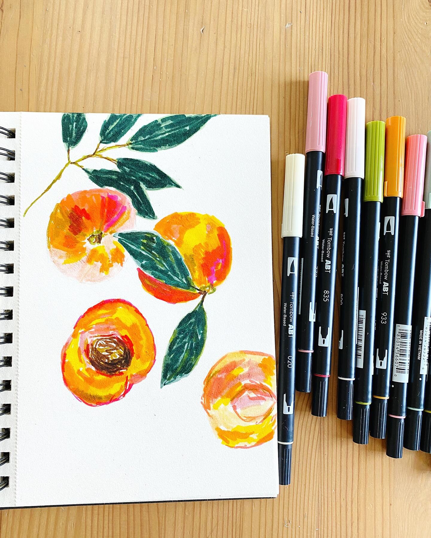 Continuing to practice with a new medium (@tombowusa dual brush markers).🥰 just finished drawing these peaches!🍑🌿🍑 What do you think?
.
.
.
.
#peaches #fruitart #tombowbrushpen #tombow #sketchbookpage #sketchbookpages #createeveryday #artflowsess