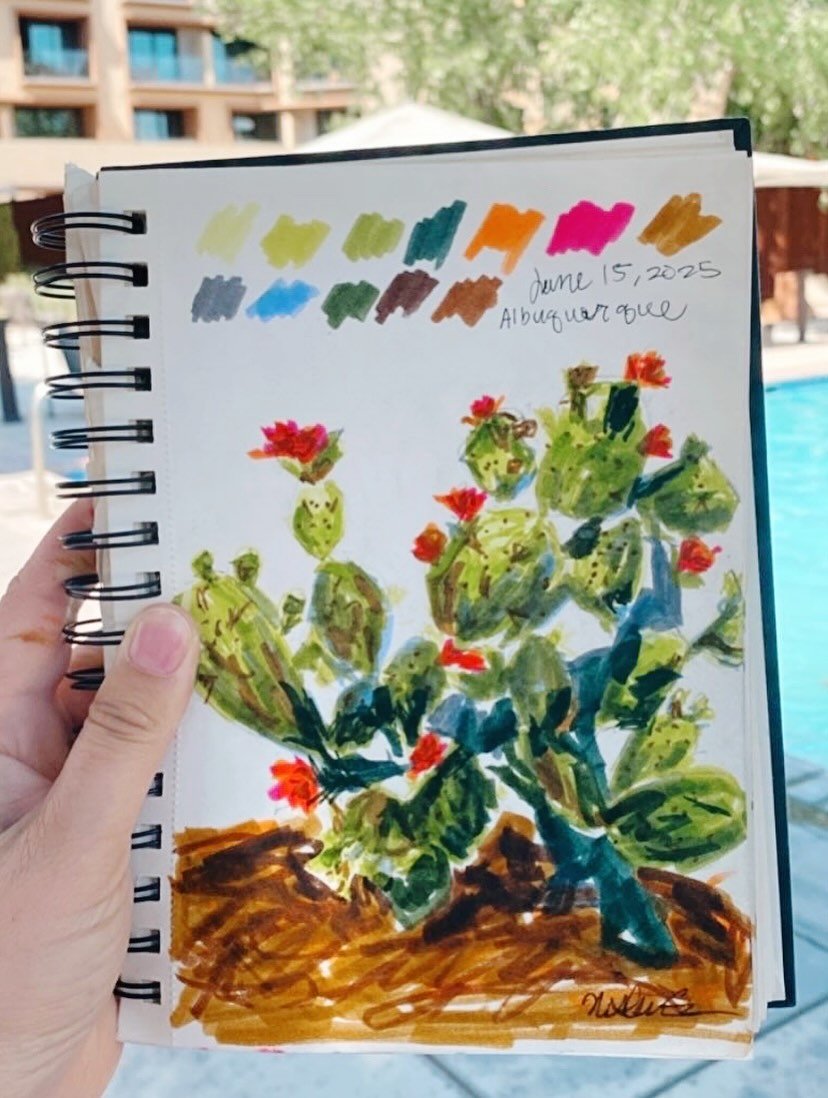 sketching poolside!☀️🐠😎
.
.
.
.
.
.
#sketchingdaily #sketchart #pricklypear #pricklypearcactus #botanicalart #albuquerque #abq  #desertlife #desertplants #newmexico #newmexicobeauty #tombowdualbrushpen #tombowmarkers #newmexicotrue #newmexicoscener