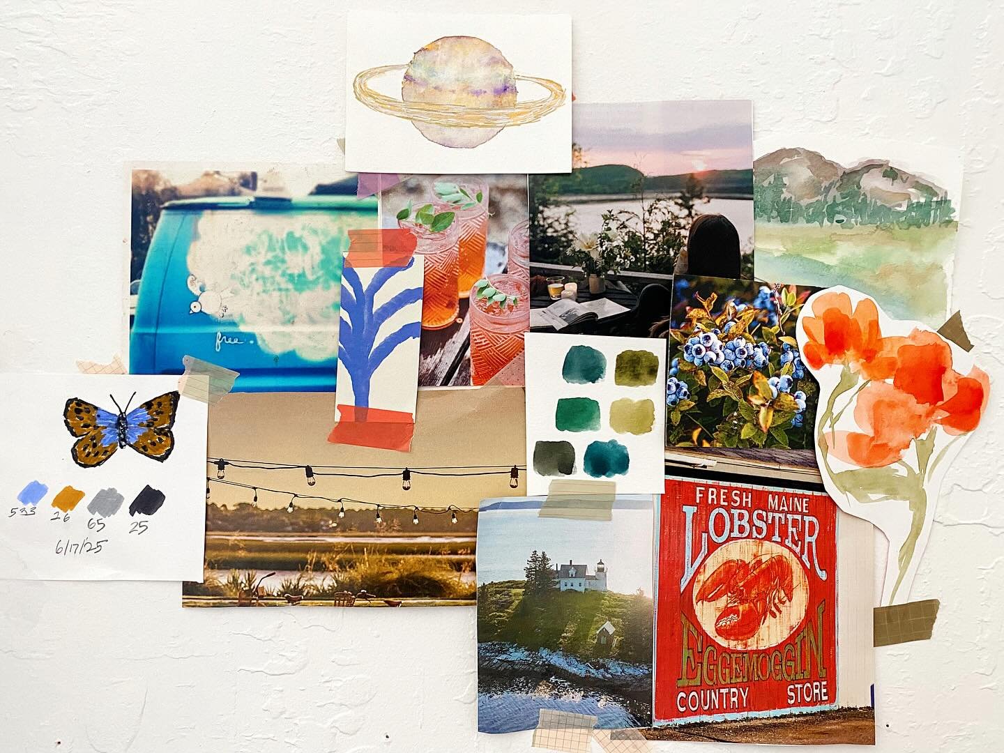 First time creating an analogue mood/inspiration board!  It includes some colors and themes I&rsquo;ve been particularly drawn to of late.  All original artwork by moi!🥰 have you created a mood board before? What type of aesthetic/themes/colors insp