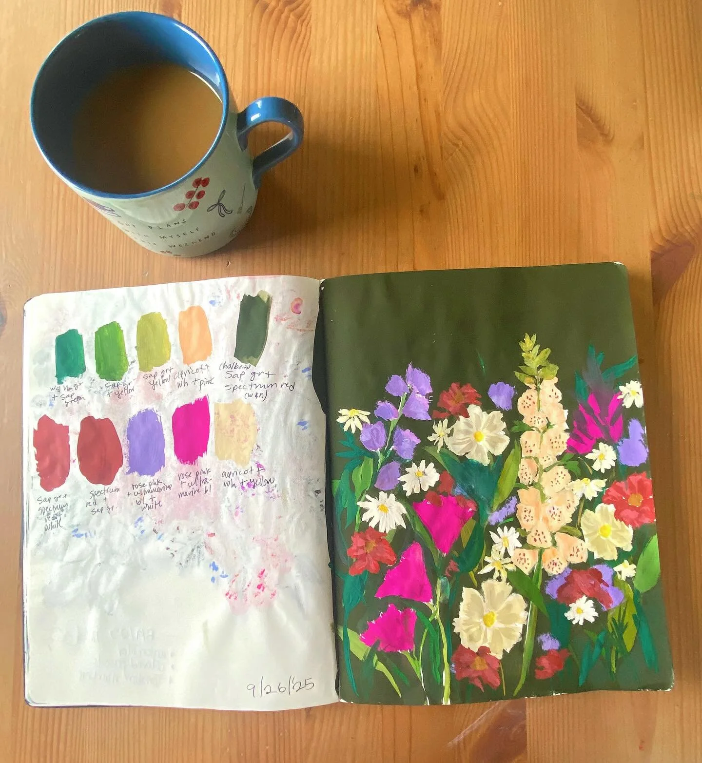 Happy Sunday, y&rsquo;all! I&rsquo;ve been having a lot of fun in my sketchbook, lately. Here&rsquo;s a garden scene I painted with gouache! 🌺🌾🌸🌿🪻 I also painted swatches of the colors I mixed up on the left page so I can recreate them in the fu