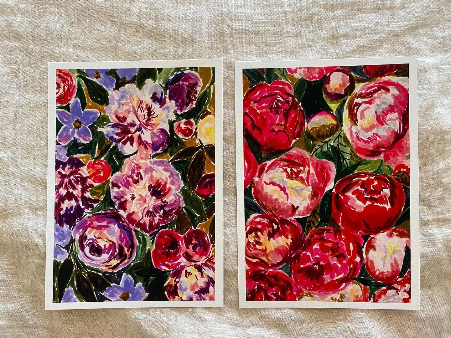 I&rsquo;m so excited: I just received these sweet 5x7 prints of a couple of my floral drawings with Tombow markers.  I LOVE how they turned out!  I will share when and where they will be available in the coming weeks!🩷❤️💜
.
.
.
.
.
.
#floraldrawing