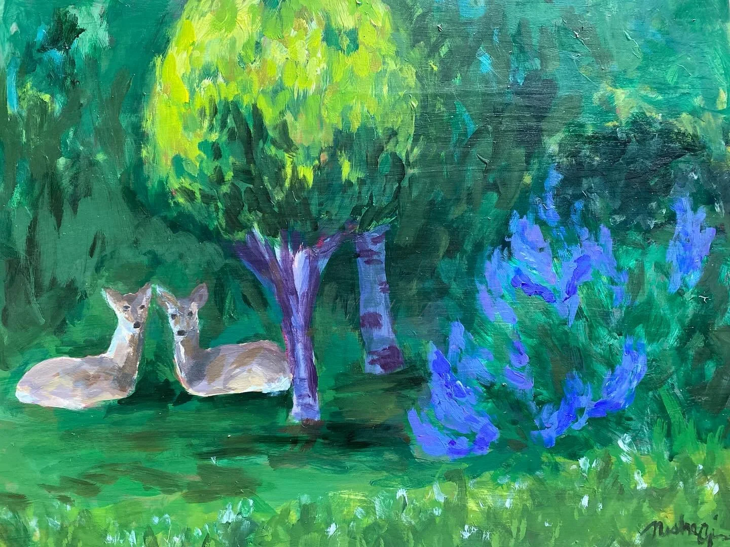 I painted these sweet deer for my mom&rsquo;s birthday earlier this year.🥰The painting is inspired by scenes from my parents&rsquo; backyard&mdash;swipe for the inspiration photo! The deer were actually sitting like that! Deer are one of my favorite